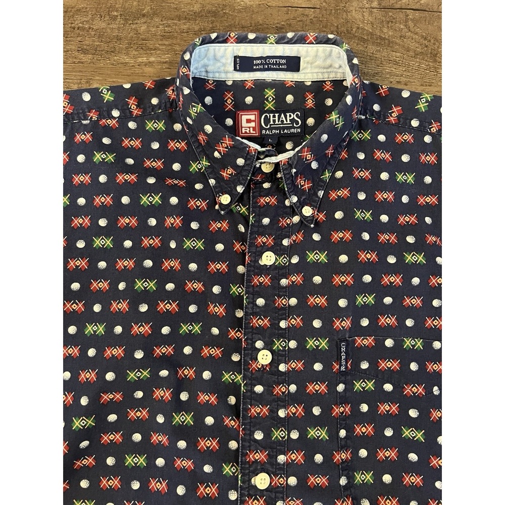 Vintage 90s CHAPS RALPH LAUREN Button Down ALL OVER GOLF PRINT Cotton L Blue E15